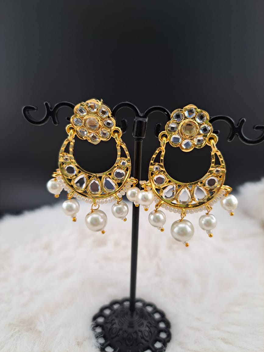 22K GOLD PLATED HYDERABADI UNCUT WHITE POLKI CHANDBALI EARRINGS WITH PEARL DROPS