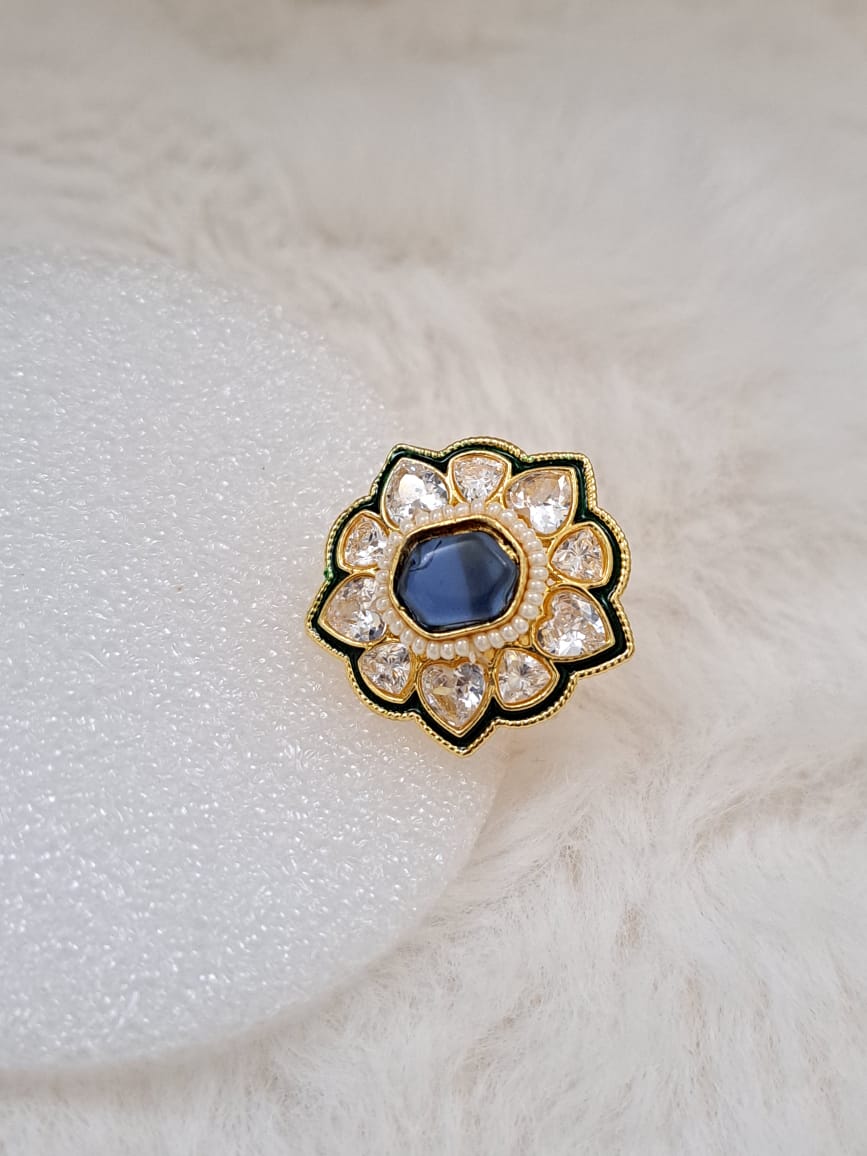 Duplet stone and kundan finger ring with enamel meenakari .