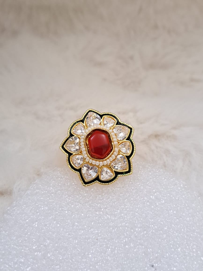 Duplet stone and kundan finger ring with enamel meenakari .