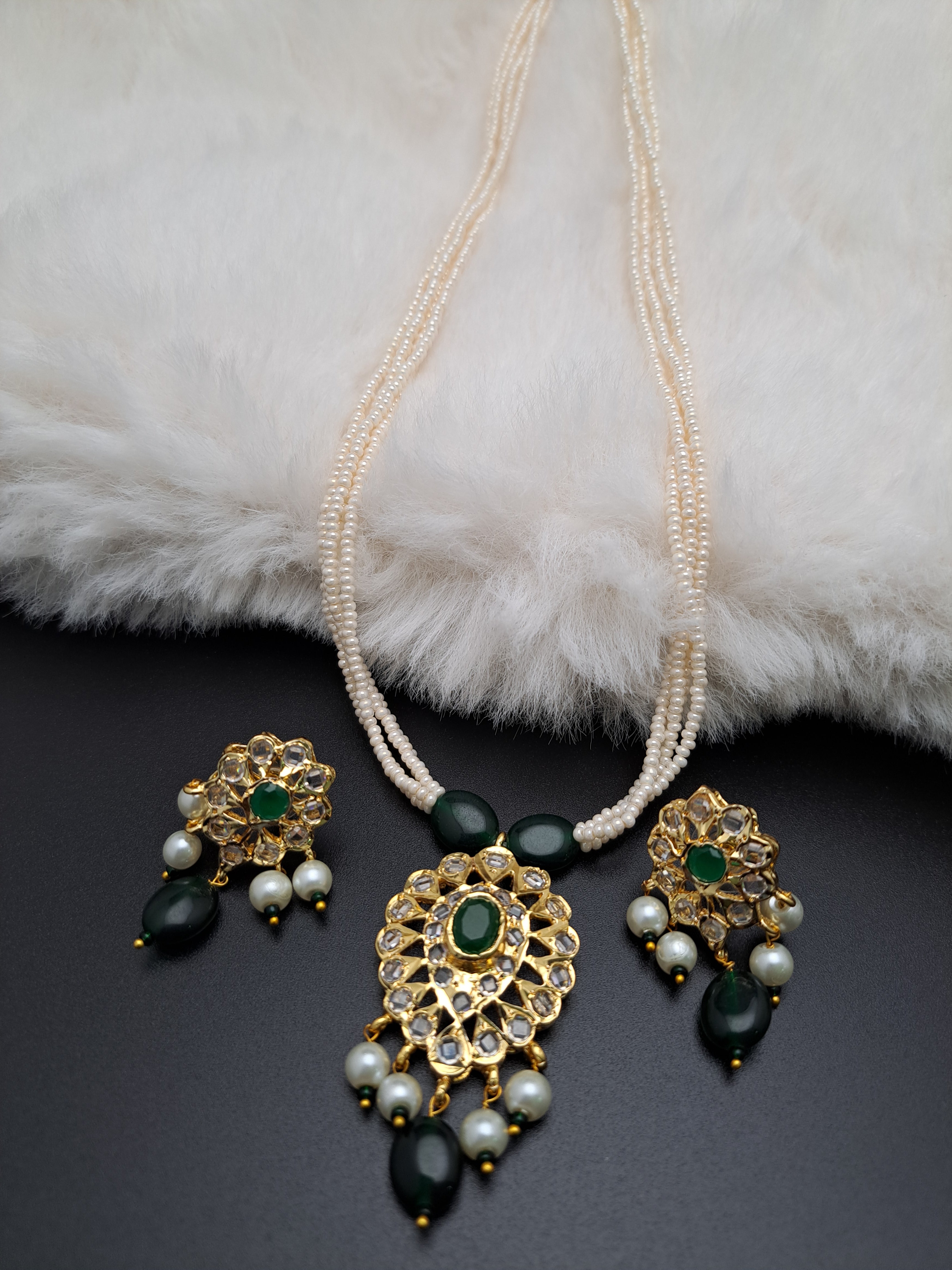 HYDERABADI EMERALD GREEN POLKI PEARL SET WITH PUROI WORK AND AWAZE DROPS