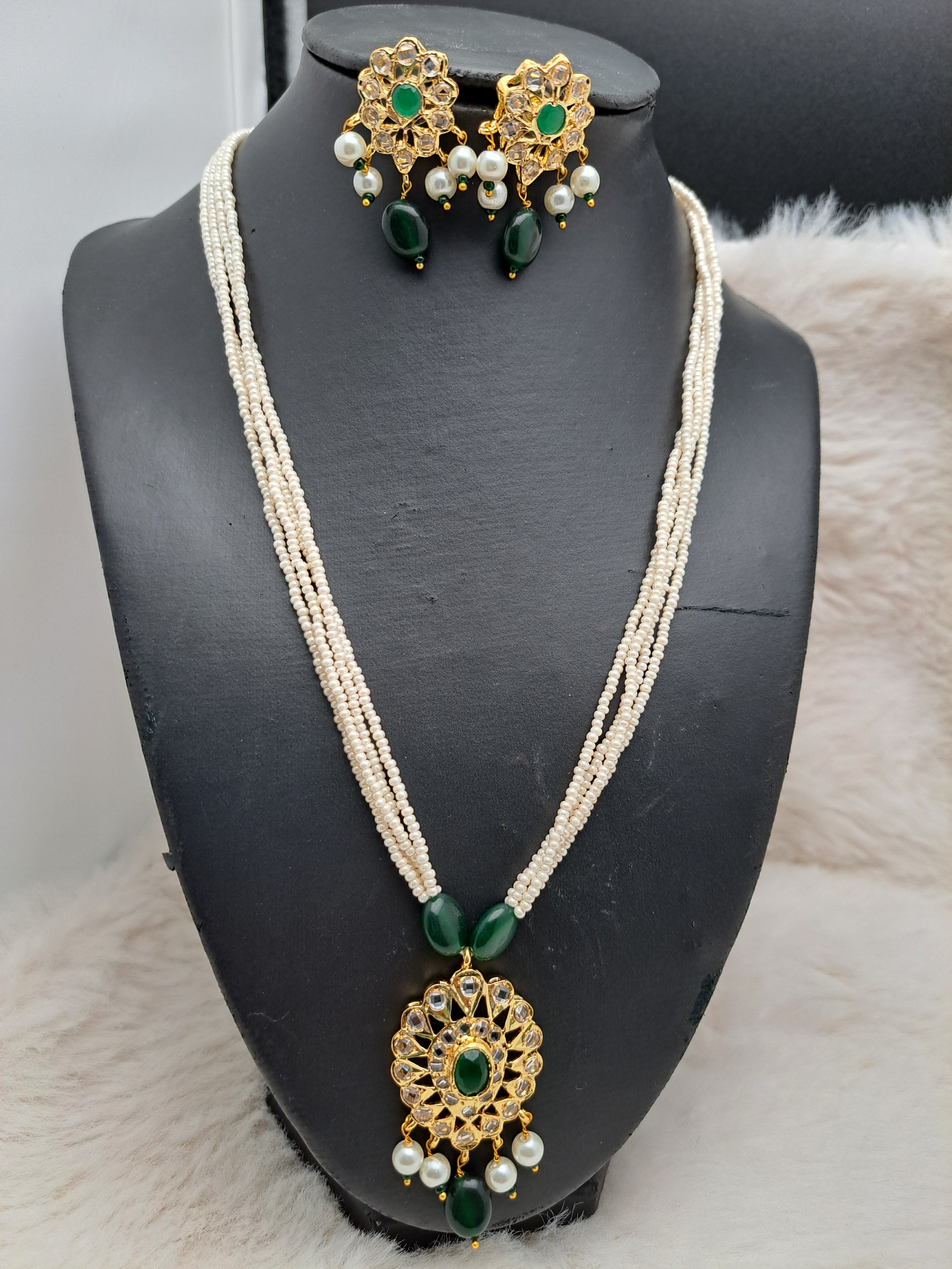 HYDERABADI EMERALD GREEN POLKI PEARL SET WITH PUROI WORK AND AWAZE DROPS