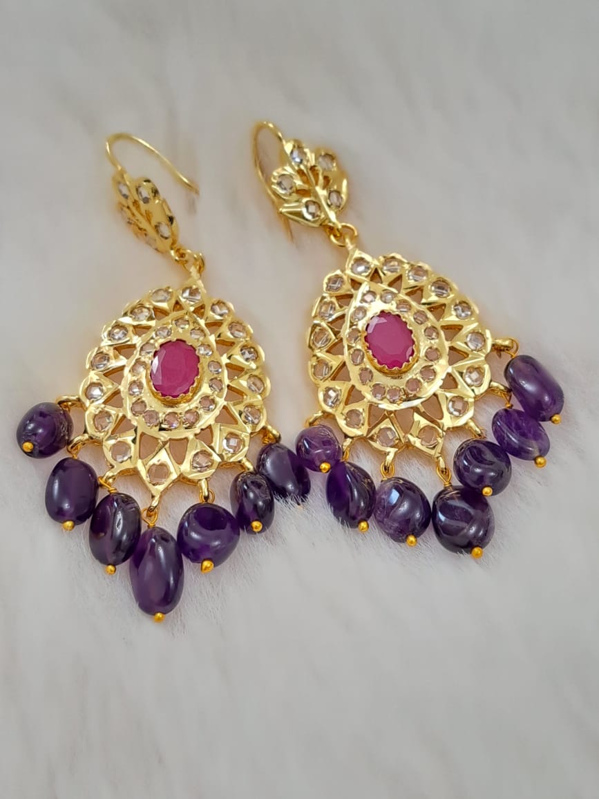HYDERABADI JADAU PEARL SET WITH AMETHYST AND RUBY PAIRED WITH TEARDROP DANGLERS