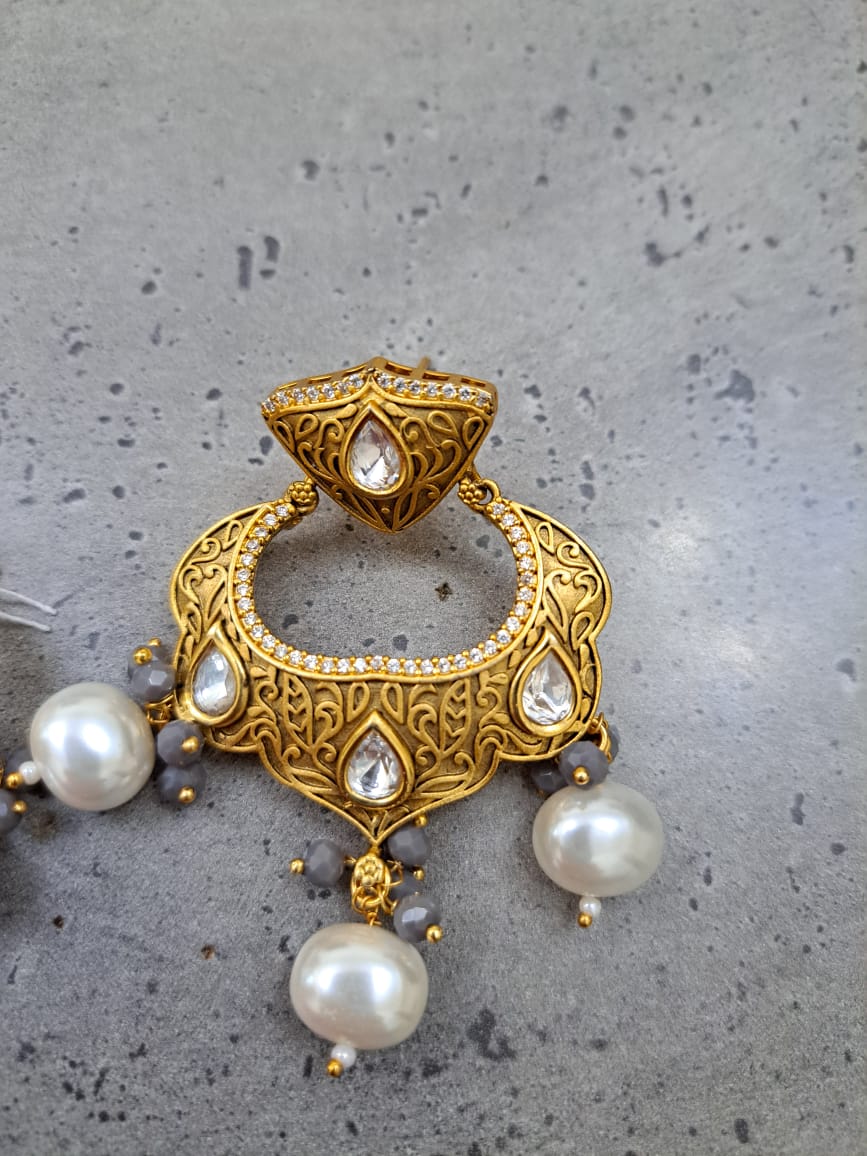 Antique gold carving kundan chand bali with pearls and hydrobeads