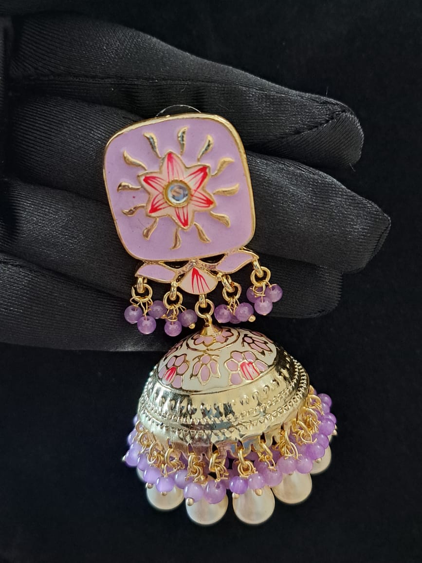 Lavender Meenakari Floral Jhumka Earrings with Pearl Drops