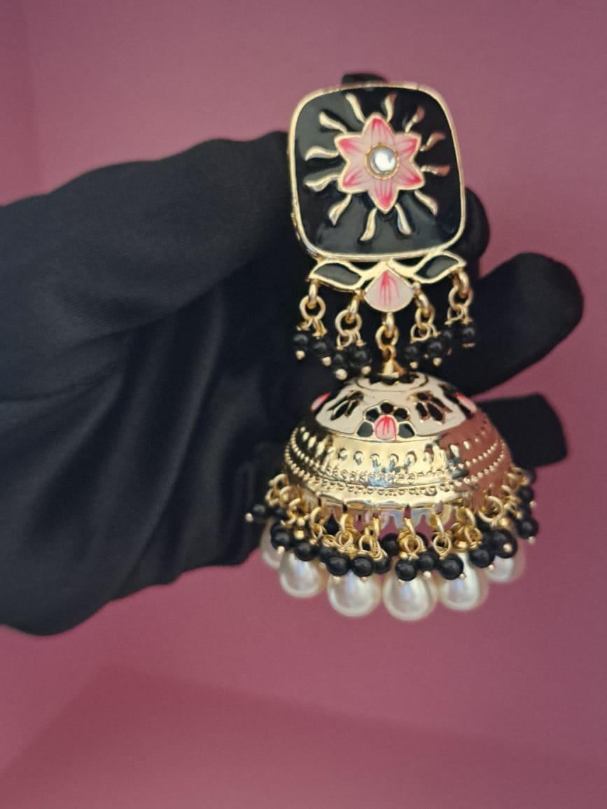 Lavender Meenakari Floral Jhumka Earrings with Pearl Drops