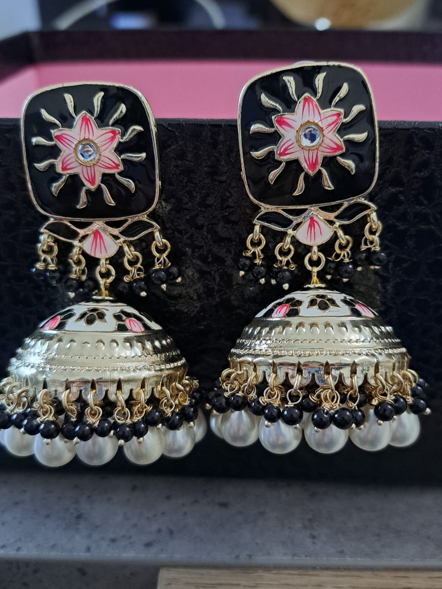 Lavender Meenakari Floral Jhumka Earrings with Pearl Drops