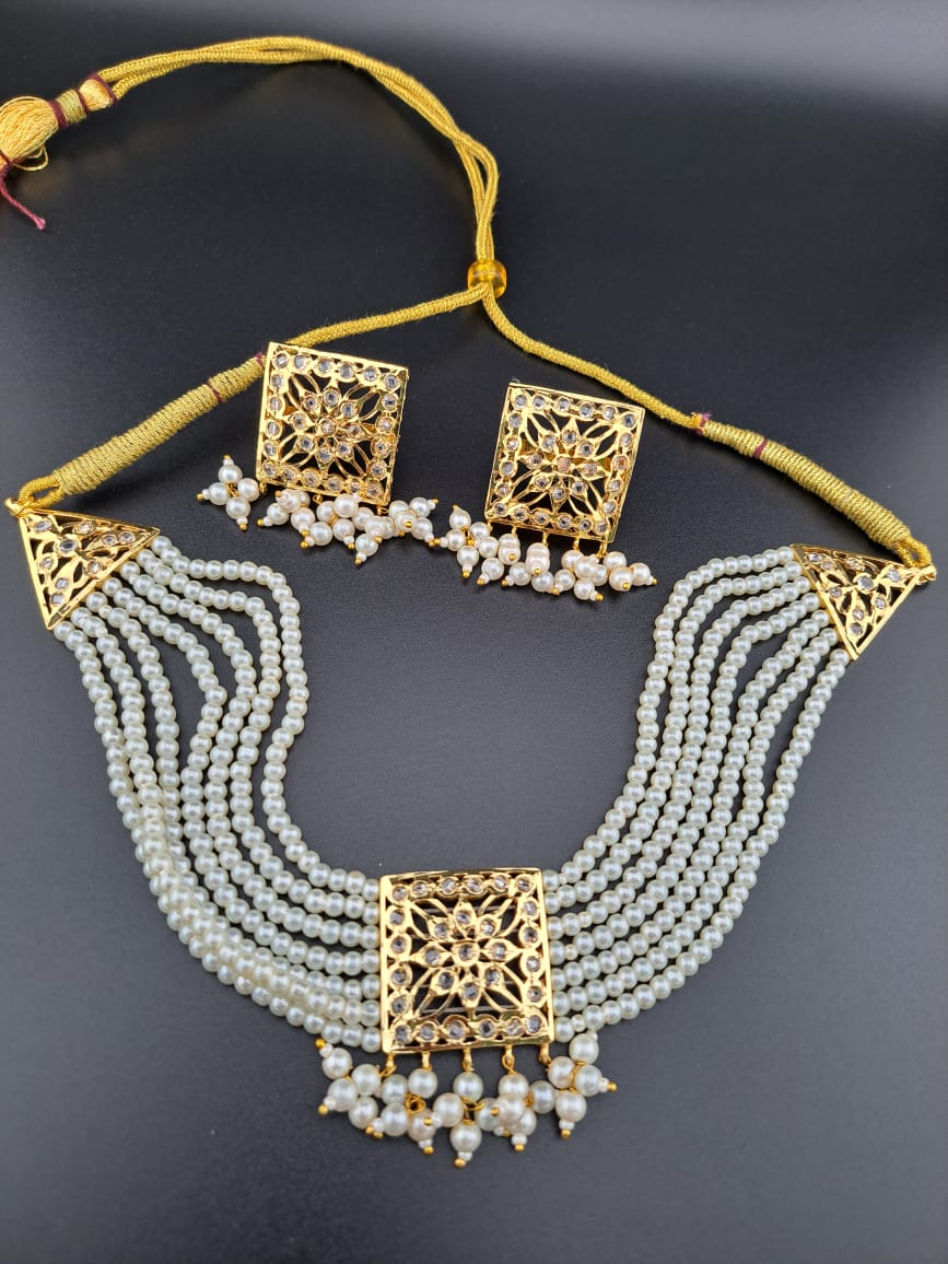 HYDERABADI UNCUT POLKI PEARL CHOKER NECKLACE SET WITH PUROI CLUSTER DROPS