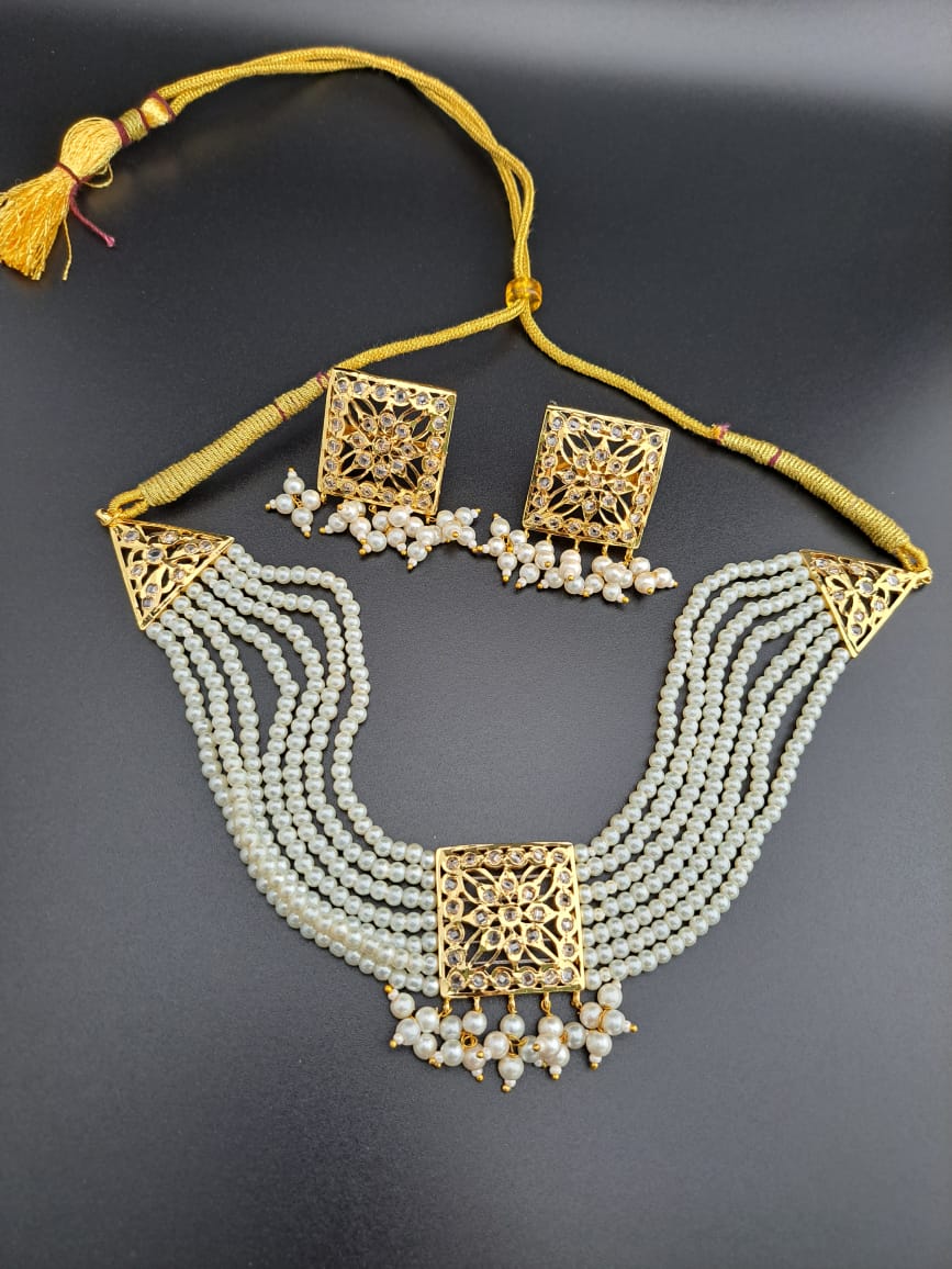 HYDERABADI UNCUT POLKI PEARL CHOKER NECKLACE SET WITH PUROI CLUSTER DROPS