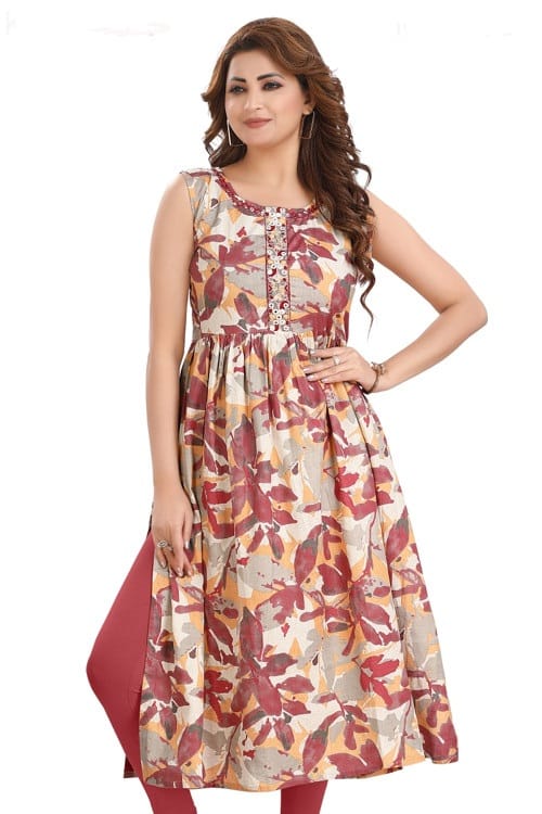 Cotton sleeveless body frock with sequence on yolk and neckline