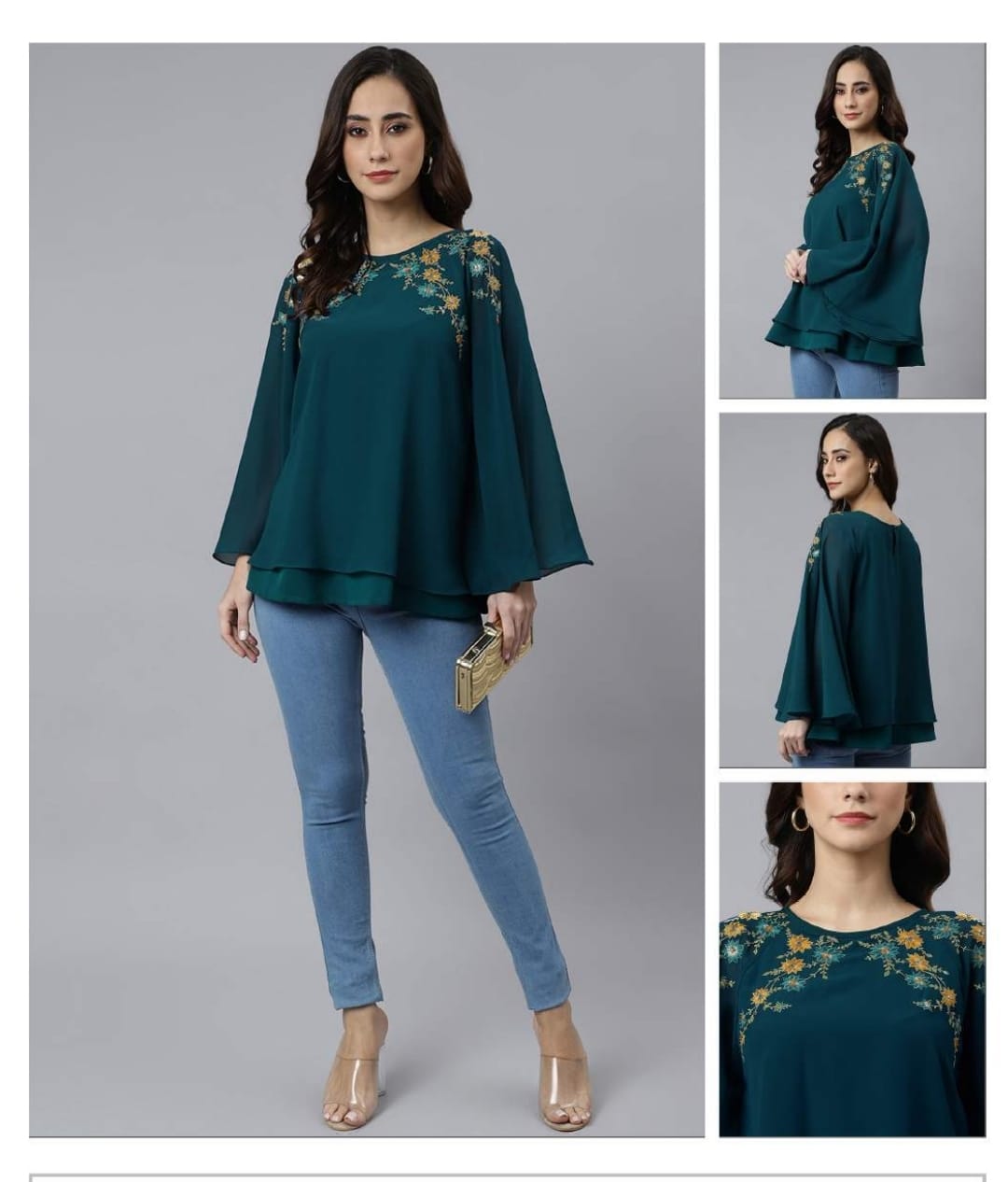 TEAL BLUE LAYERED GEORGETTE CAPE TOP WITH EMBROIDERED SHOULDER