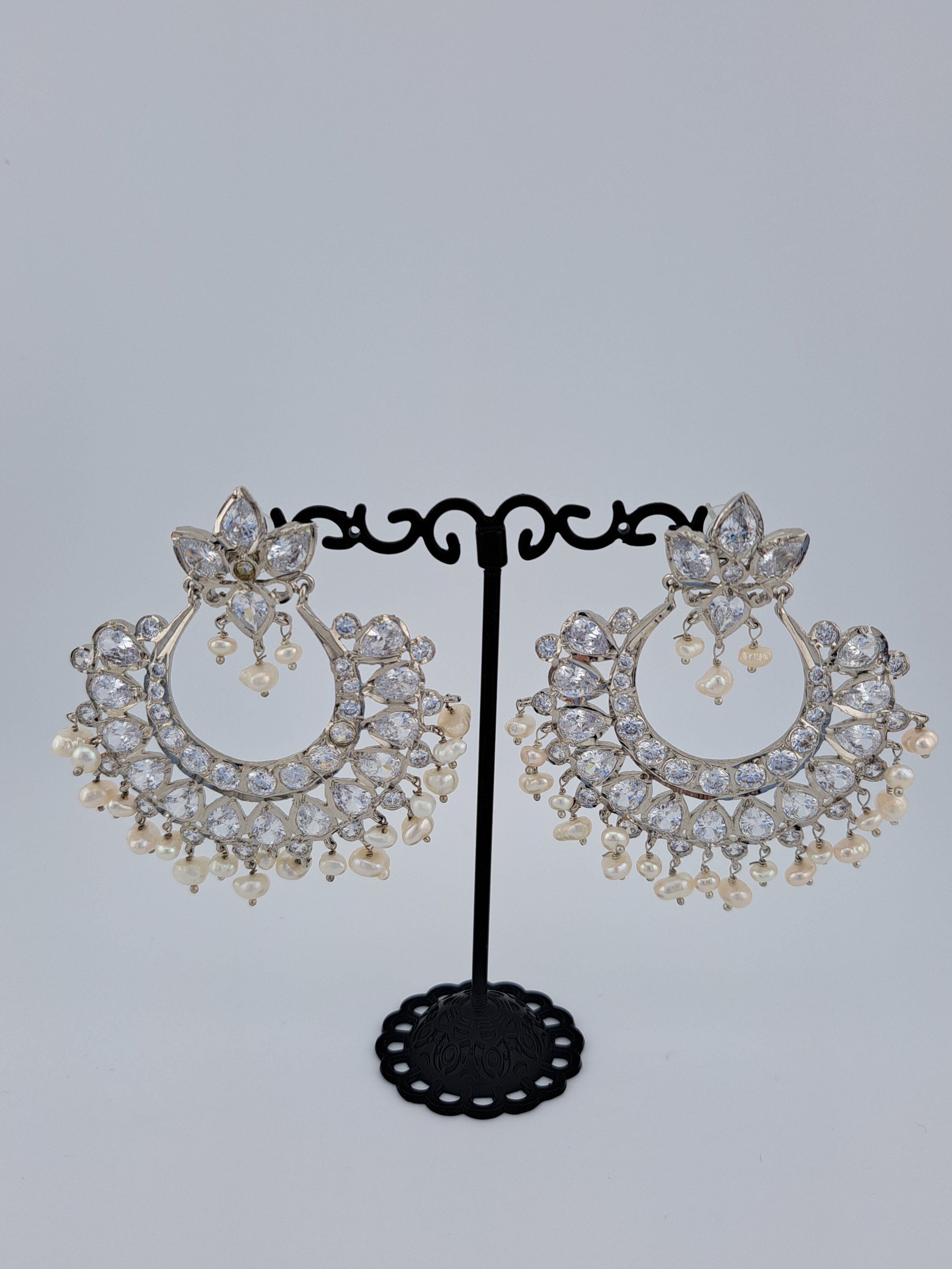 Hyderabadi real pearl and real polki kundan silver chandbaali