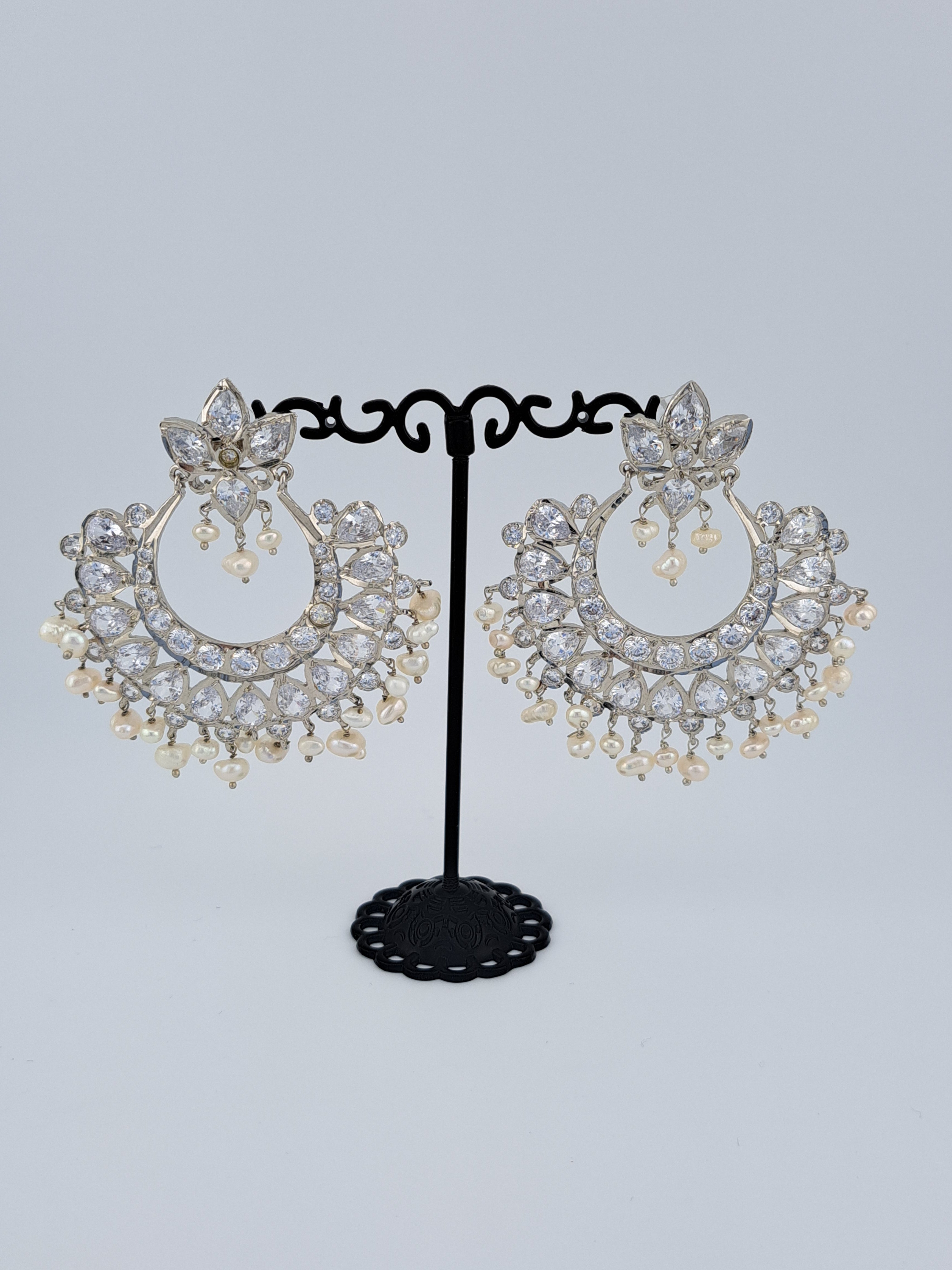 HYDERABADI JADAU SILVER FINISH UNCUT STONE CHANDBALIS WITH REAL PEARL PUROI DROPS