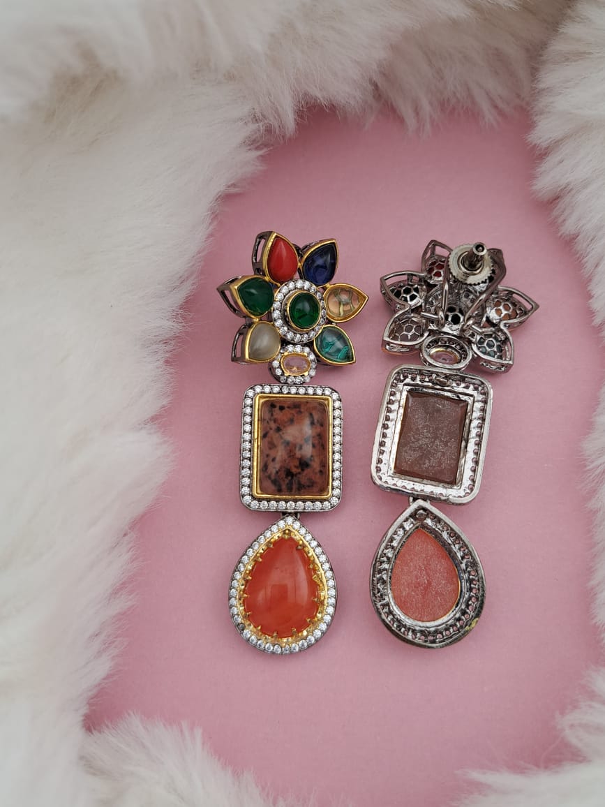Sabyasachi-Inspired Victorian Polish Multicolor Doublet Stone Earrings
