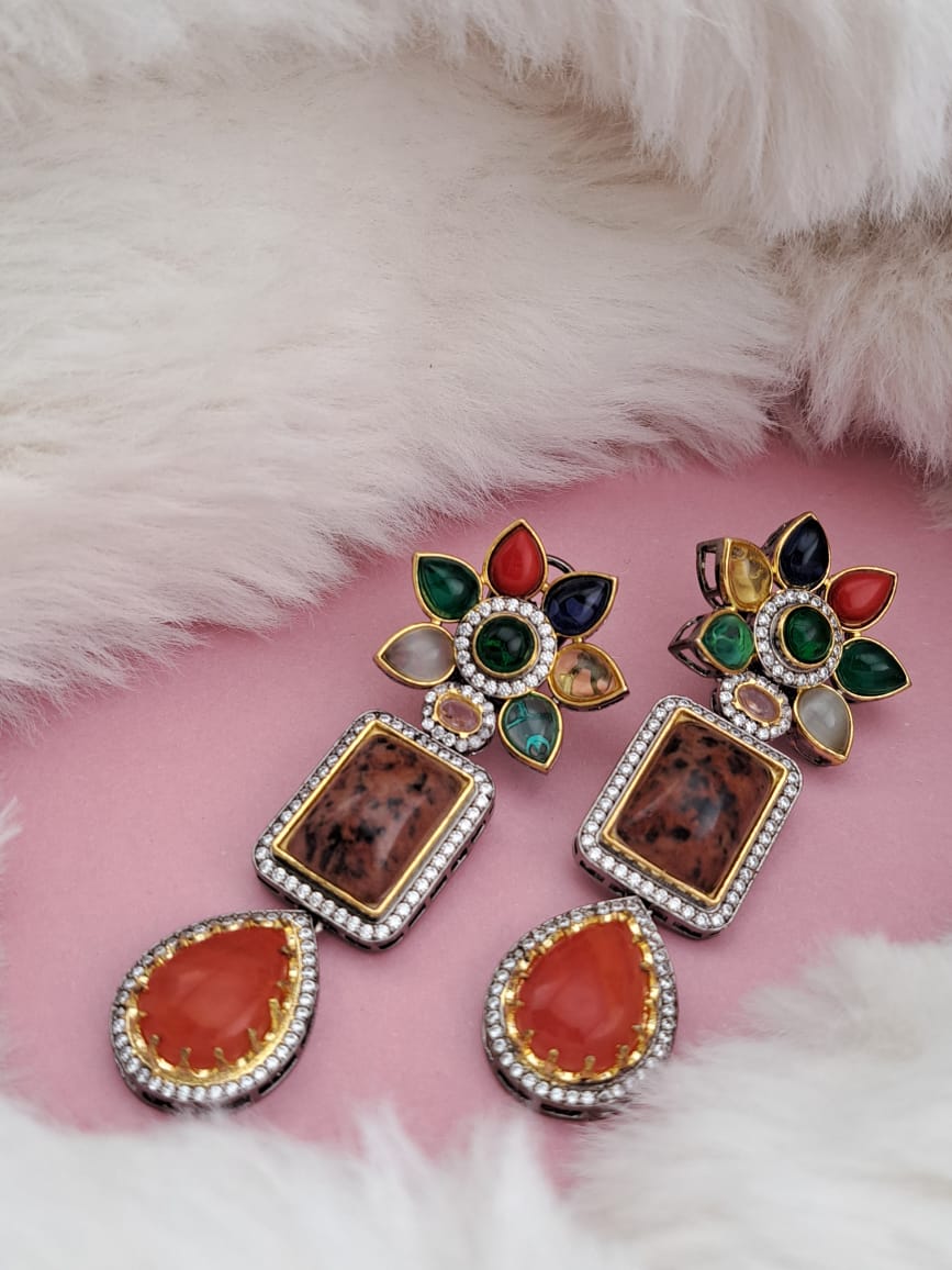 Sabyasachi-Inspired Victorian Polish Multicolor Doublet Stone Earrings