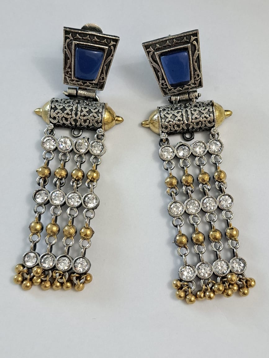 Blue Doublet Stone German Silver & Antique Gold Dangle Earrings