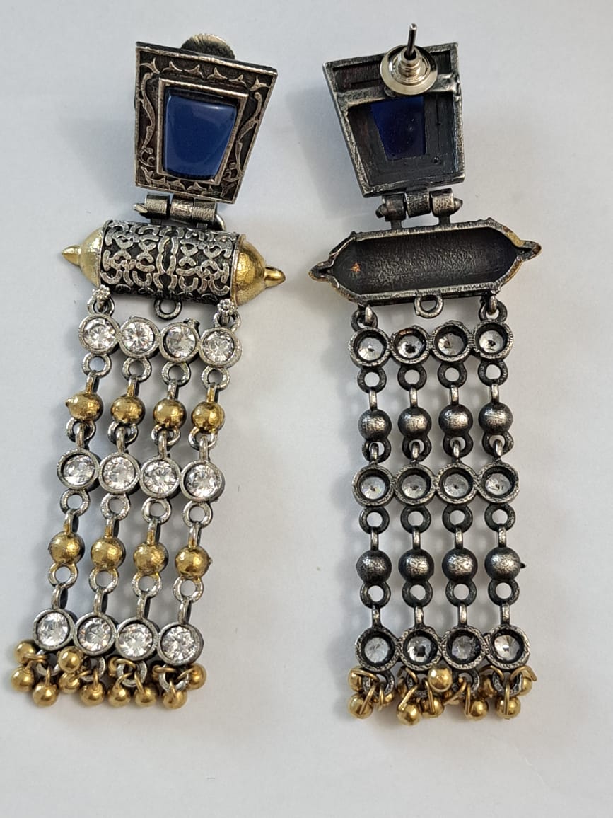 Blue Doublet Stone German Silver & Antique Gold Dangle Earrings