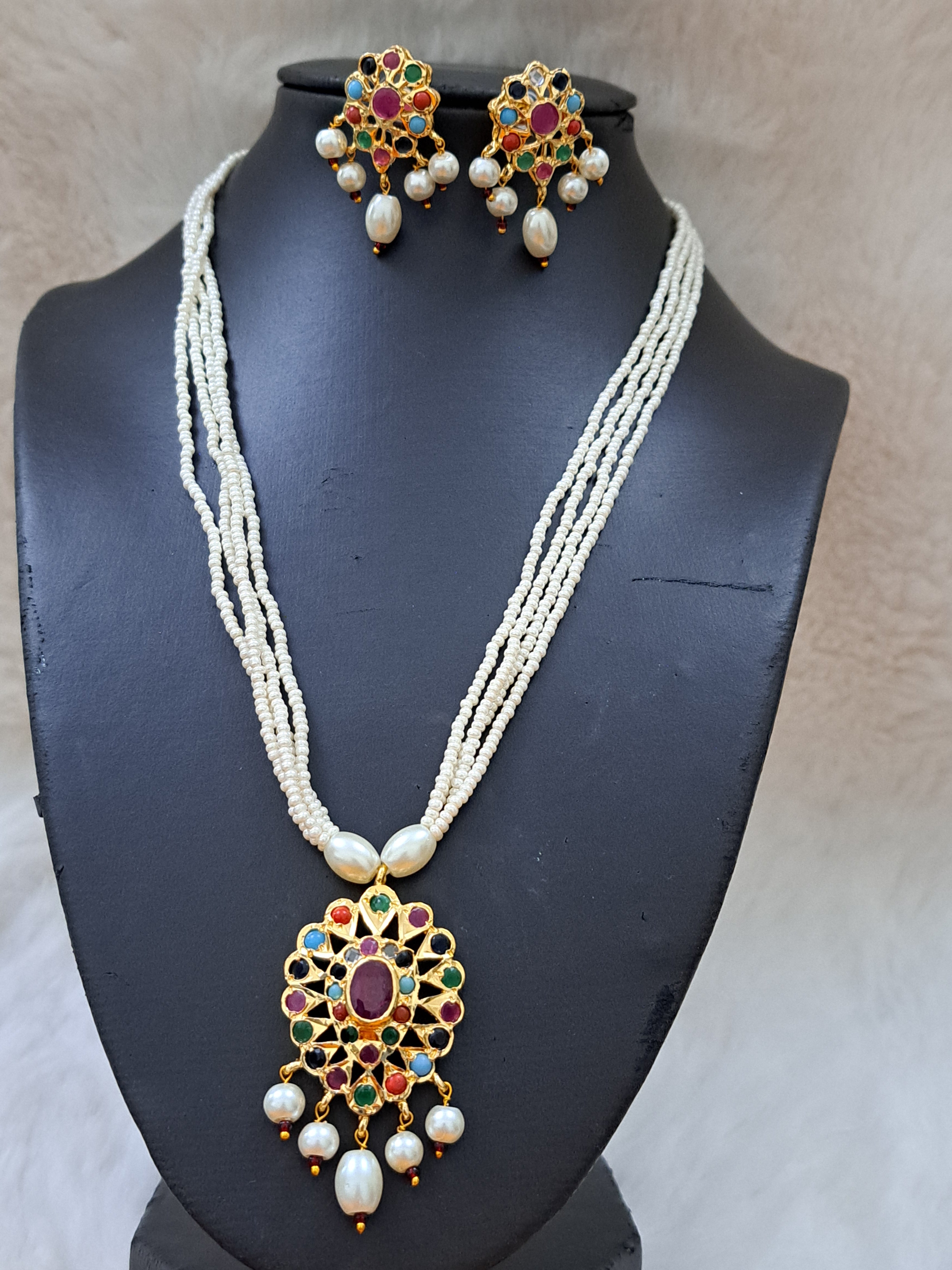 HYDERABADI MULTICOLOR NAVRATNA POLKI PEARL SET WITH PUROI WORK AND AWAZE DROPS