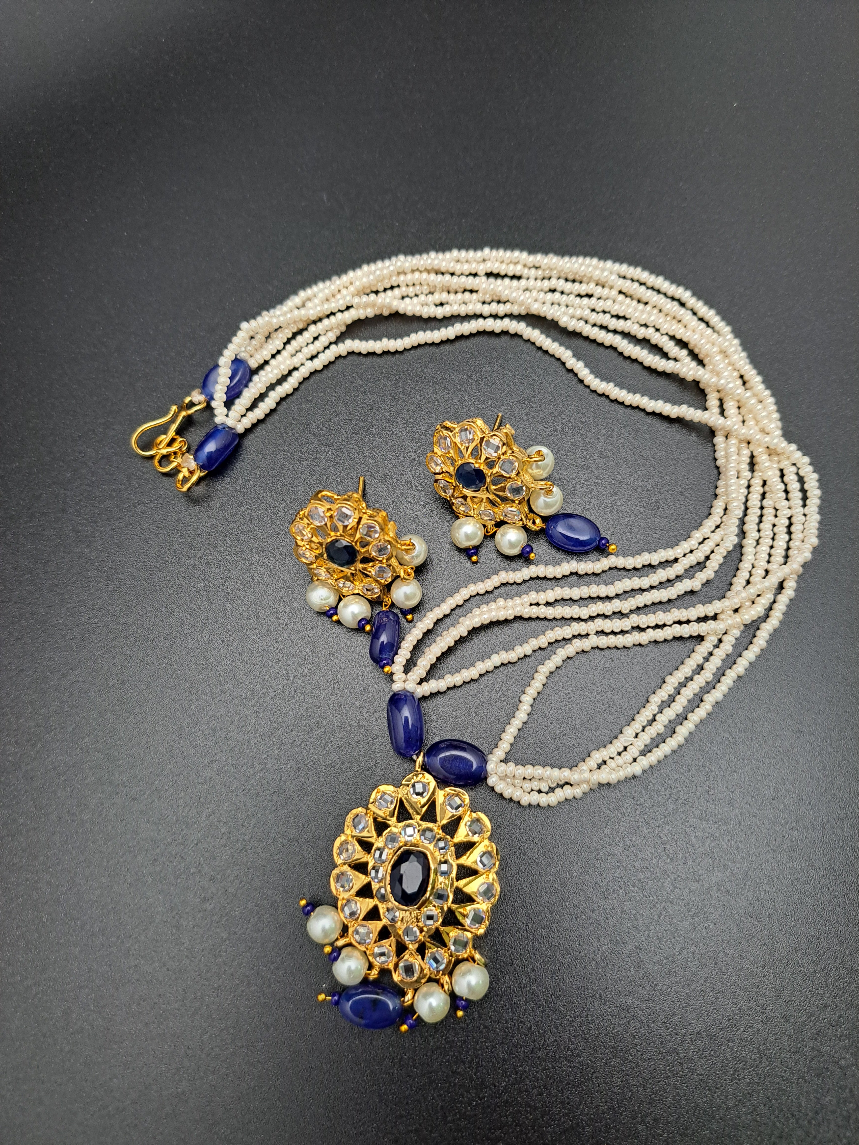 HYDERABADI ROYAL BLUE POLKI PEARL SET WITH PUROI WORK AND AWAZE DROPS