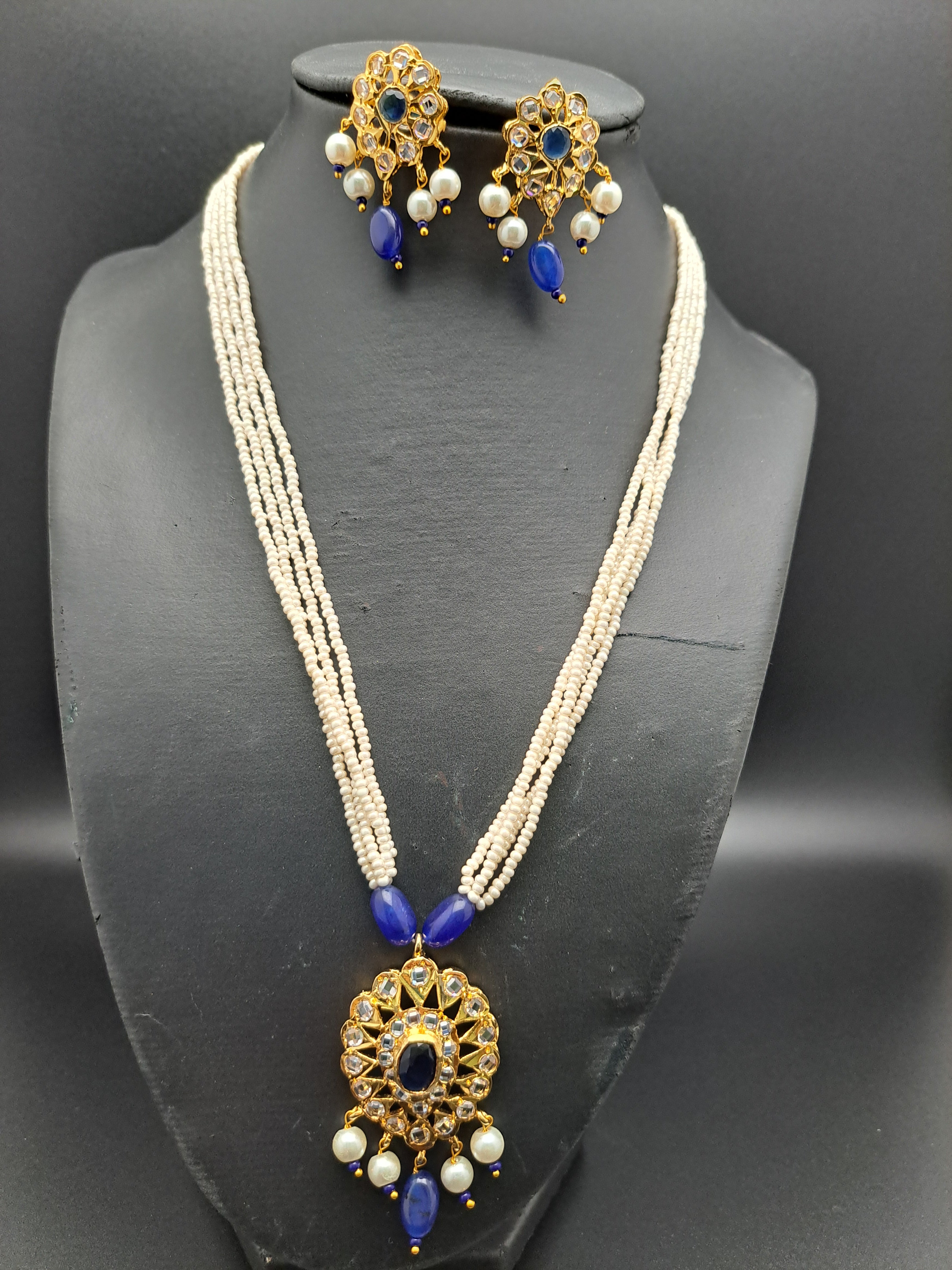 HYDERABADI ROYAL BLUE POLKI PEARL SET WITH PUROI WORK AND AWAZE DROPS