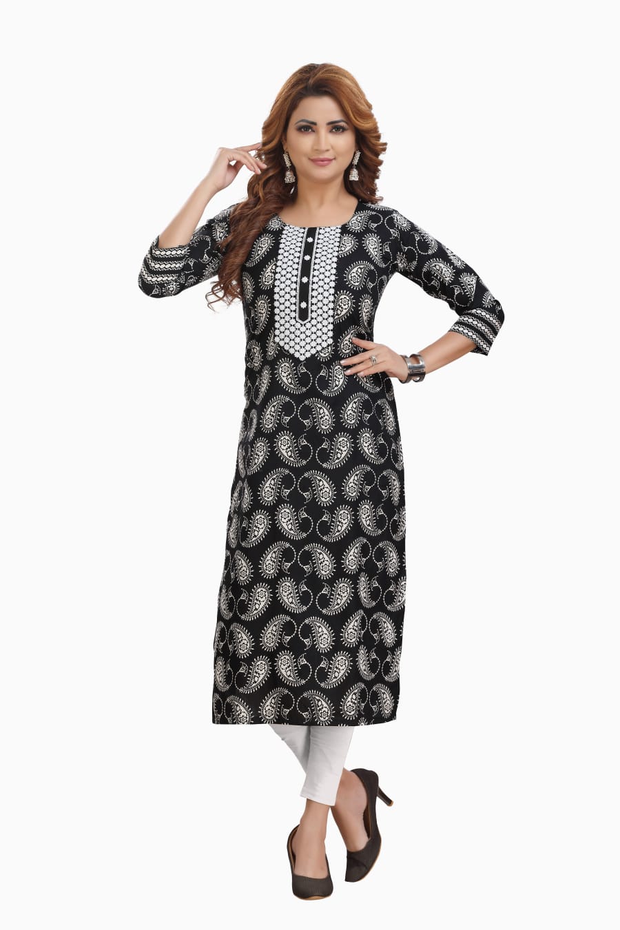 Cotton block print kurti with white embroidered yolk