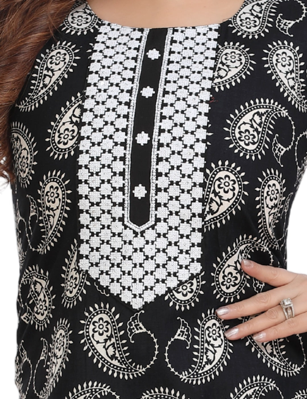 Cotton block print kurti in black with white embroidered yolk.