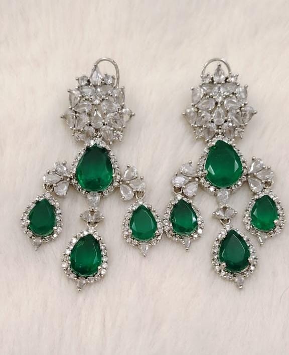 Emerald Green Drop Earrings with CZ Stones - bridal and party Wear