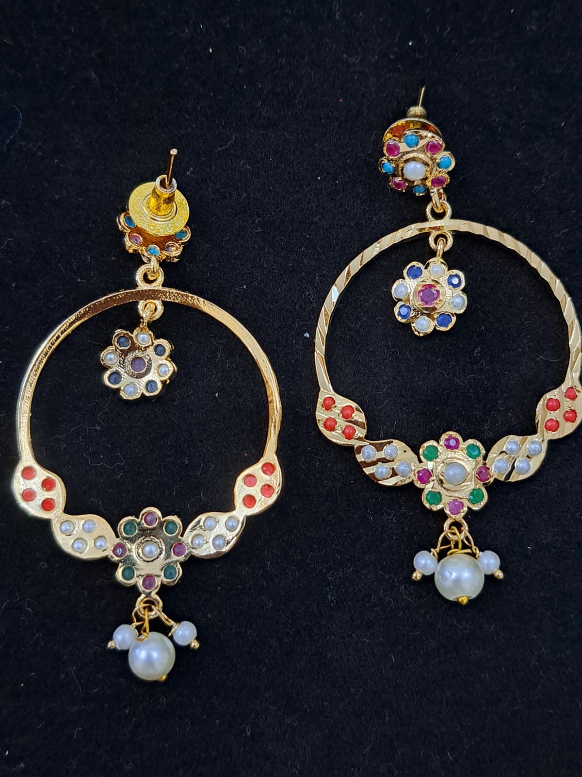 HYDERABADI JADAU MULTICOLOR-NAVRATNA CHANDBALI STYLE DANGLERS WITH PEARL DROPS