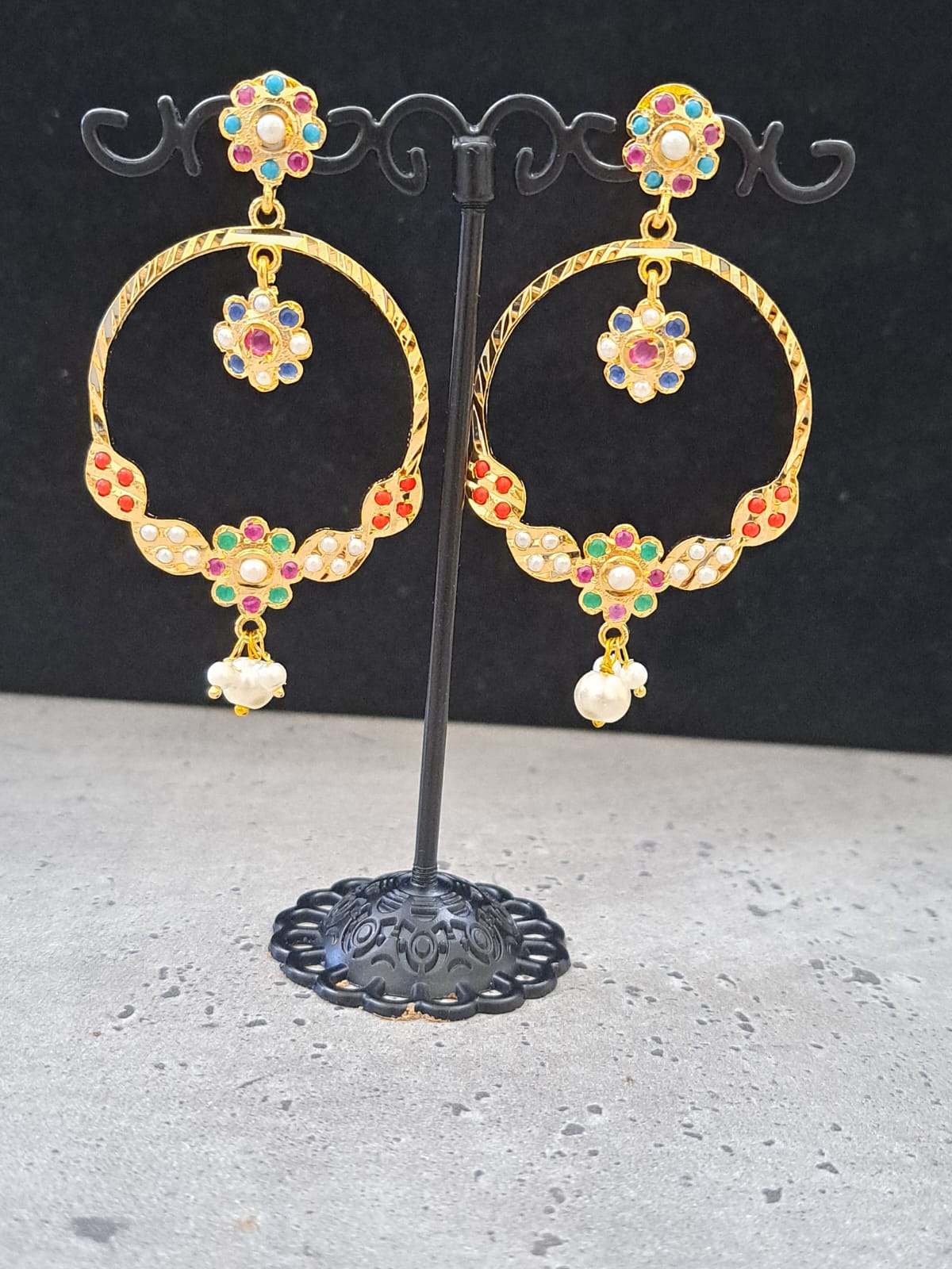 HYDERABADI JADAU MULTICOLOR-NAVRATNA CHANDBALI STYLE DANGLERS WITH PEARL DROPS