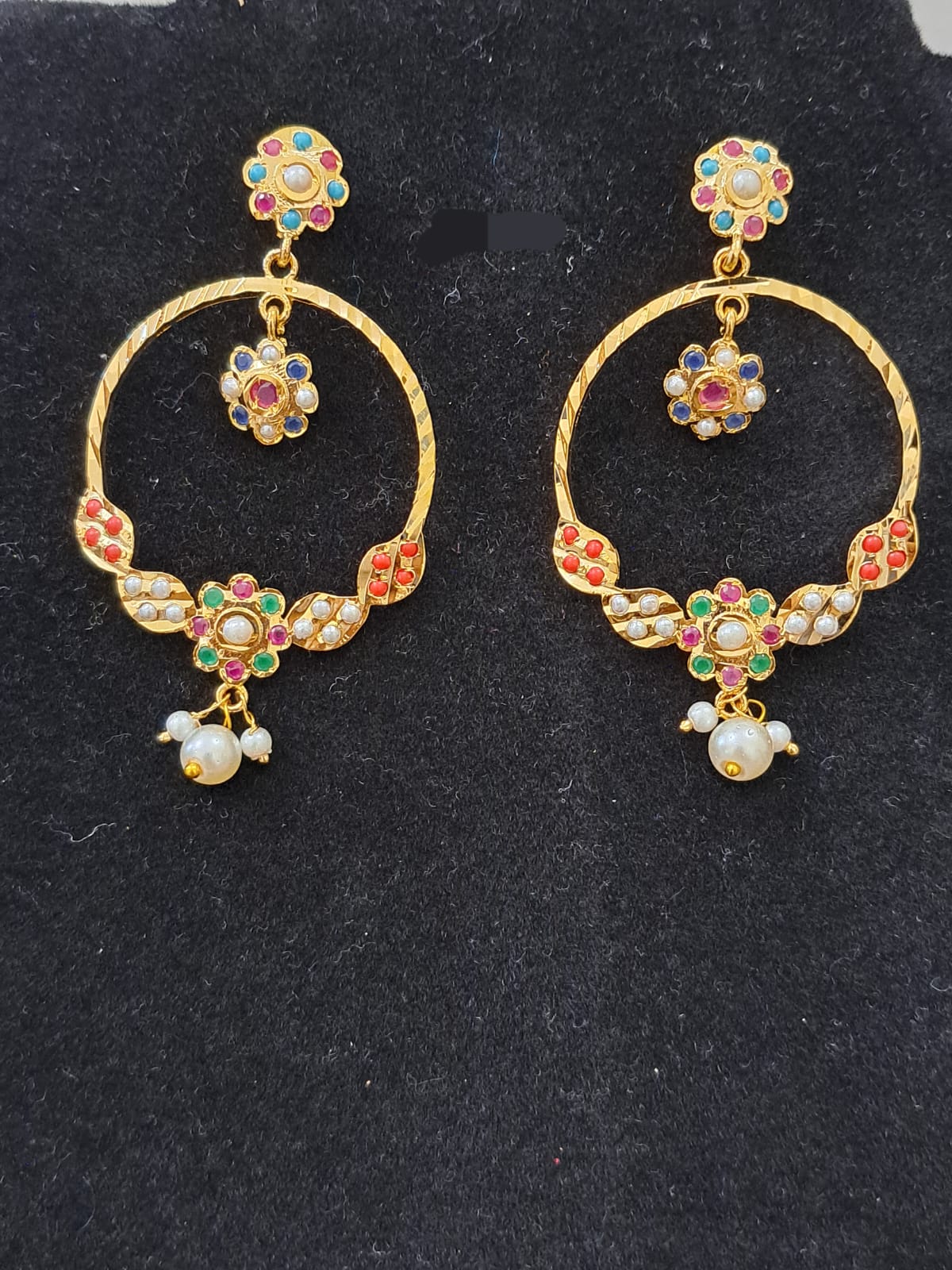 HYDERABADI JADAU MULTICOLOR-NAVRATNA CHANDBALI STYLE DANGLERS WITH PEARL DROPS