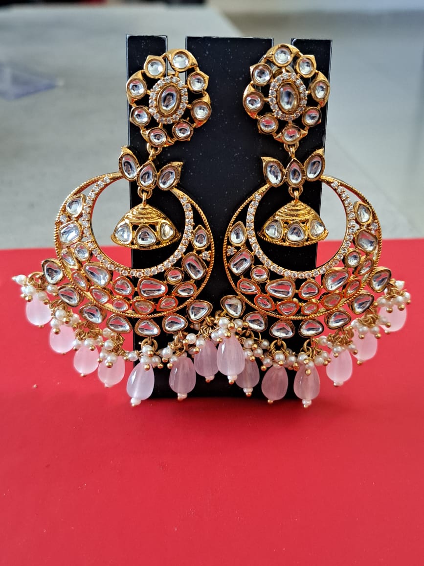 Kundan Chandbali Jhumka Earrings with Pink Beads