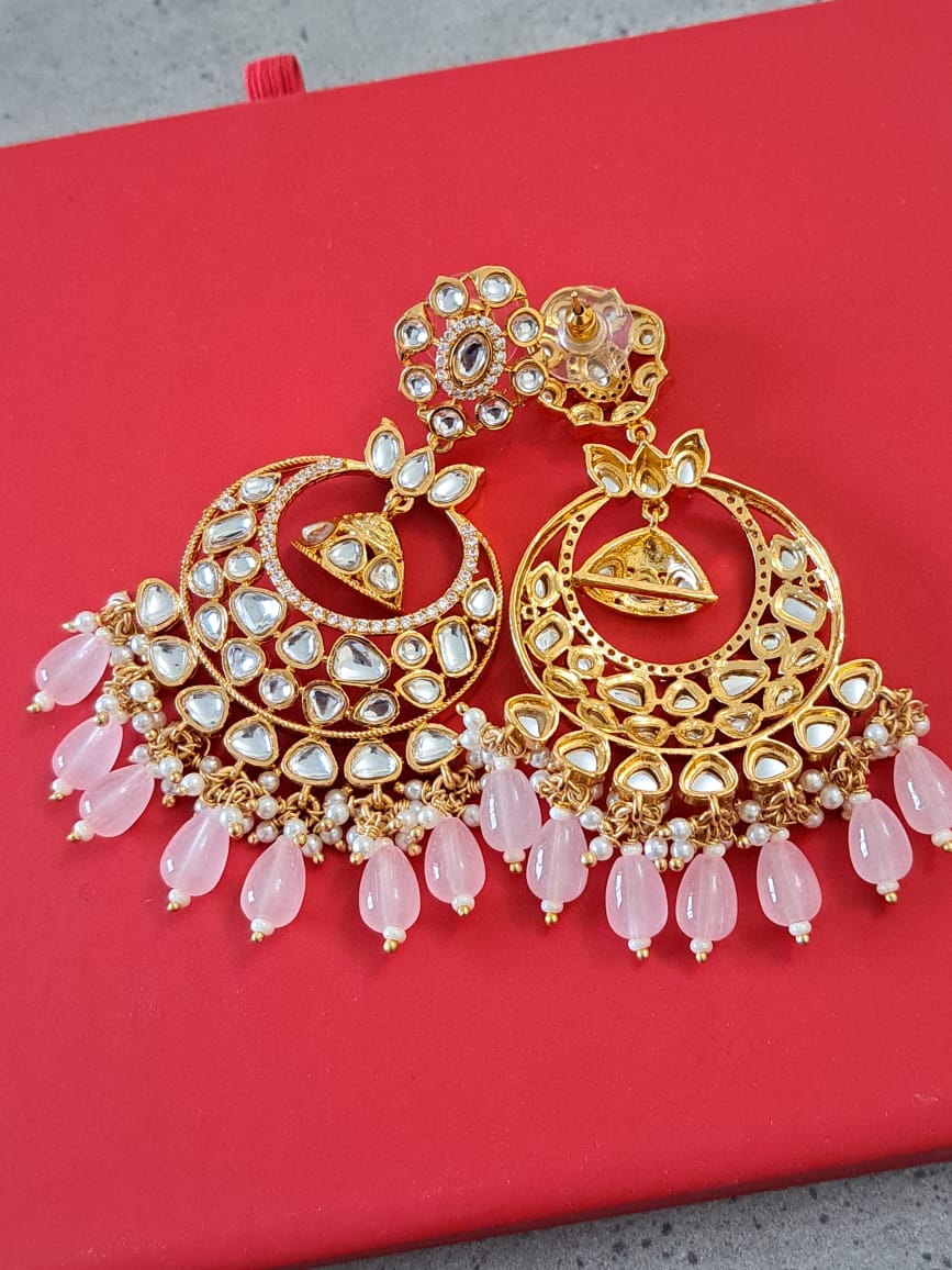 Kundan Chandbali Jhumka Earrings with Pink Beads