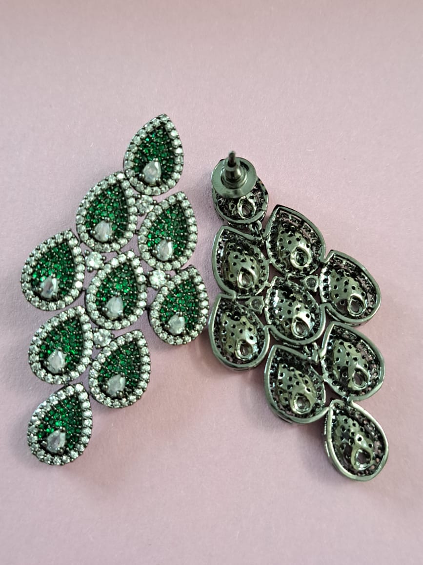 Emerald Green & CZ Teardrop Chandelier Earrings in Black Rhodium Polish