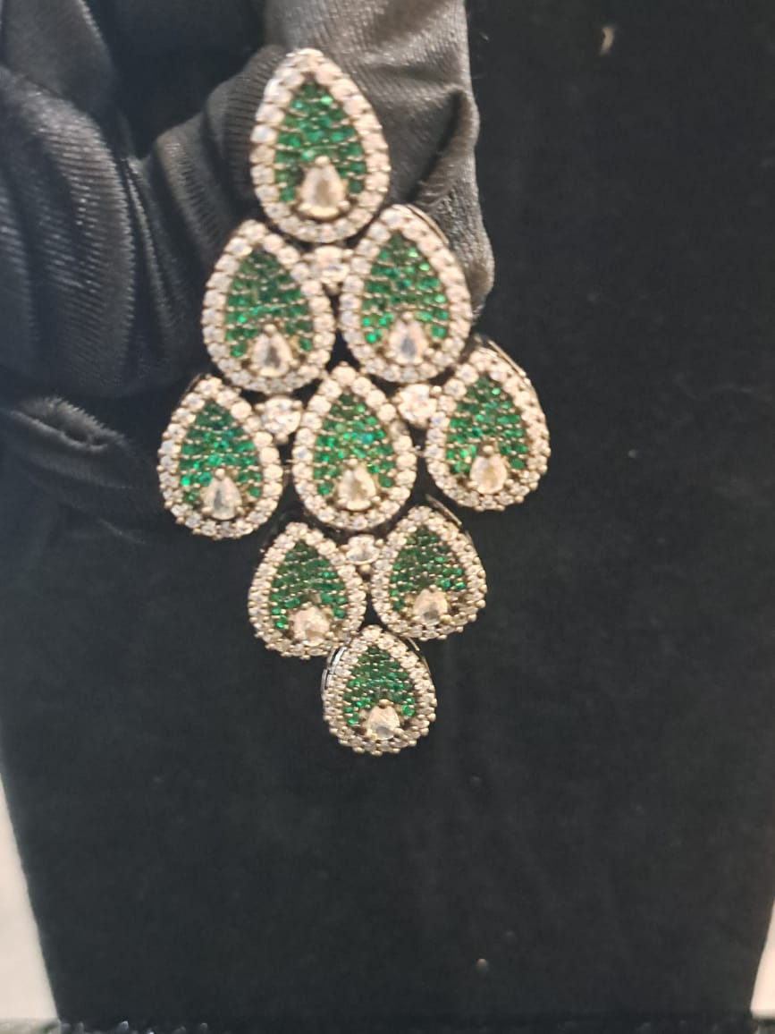 Emerald Green & CZ Teardrop Chandelier Earrings in Black Rhodium Polish