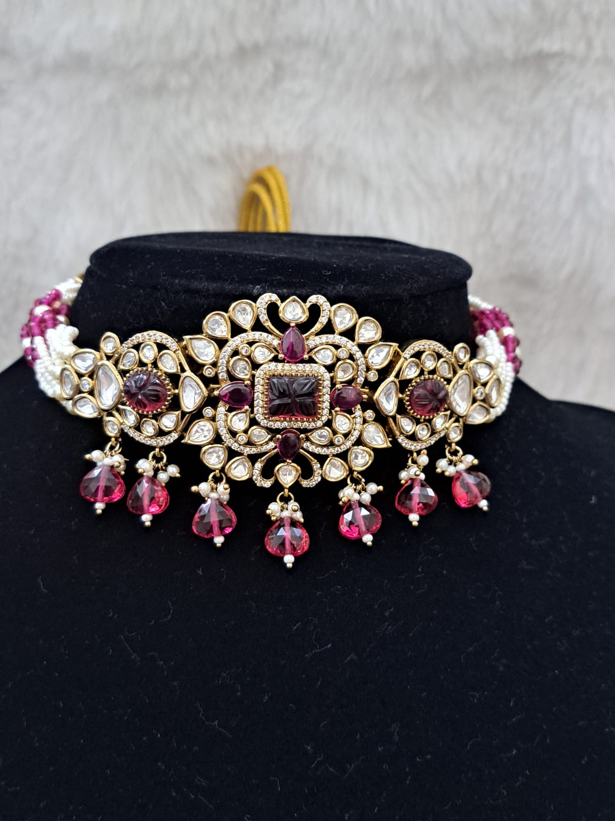 Victoria(mehndi) polish choker set with carved stones, kundan ,pearls and hydro-beads.