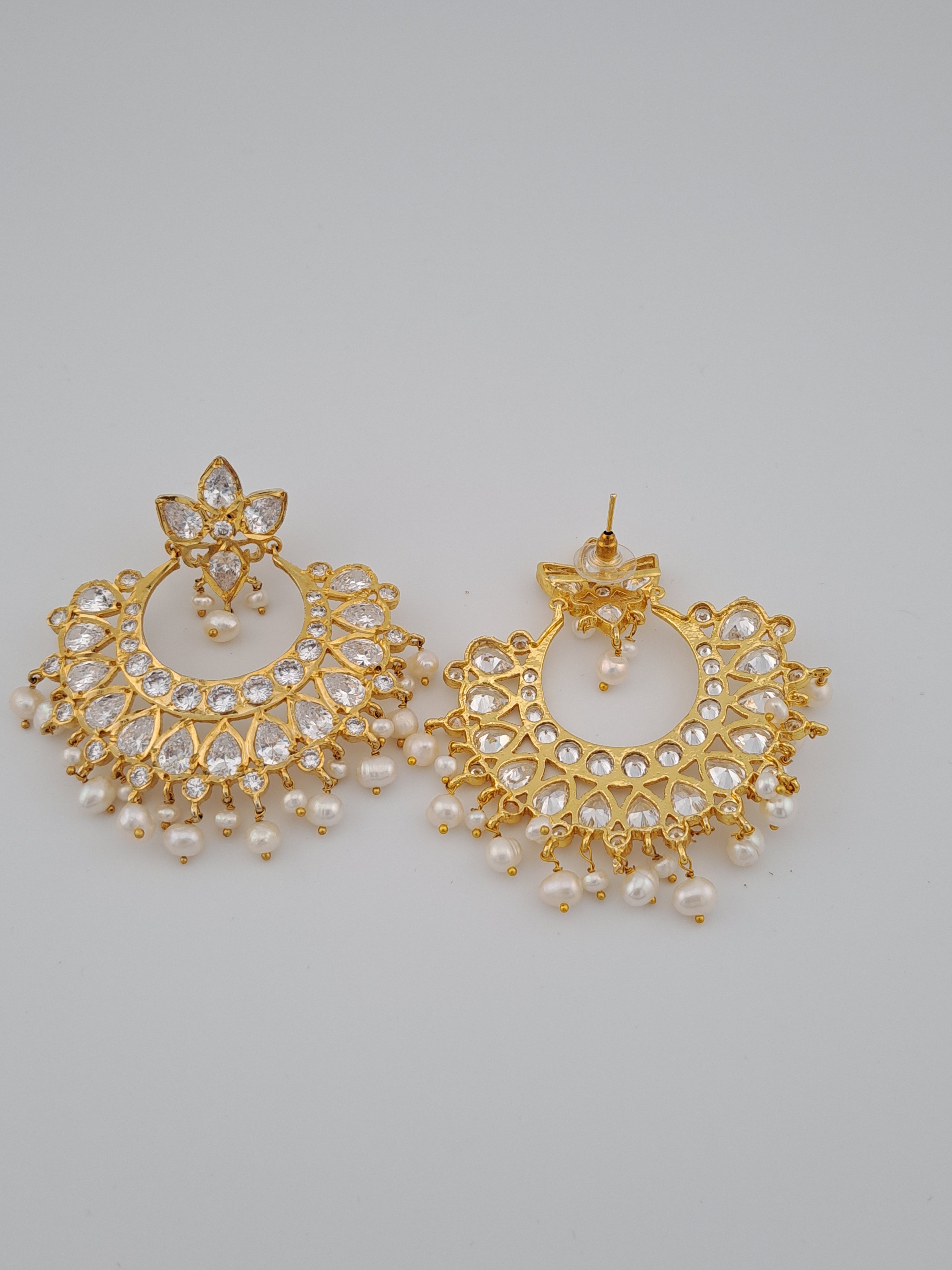 HYDERABADI JADAU UNCUT STONE GOLD CHANDBALIS WITH REAL PEARL PUROI DROPS