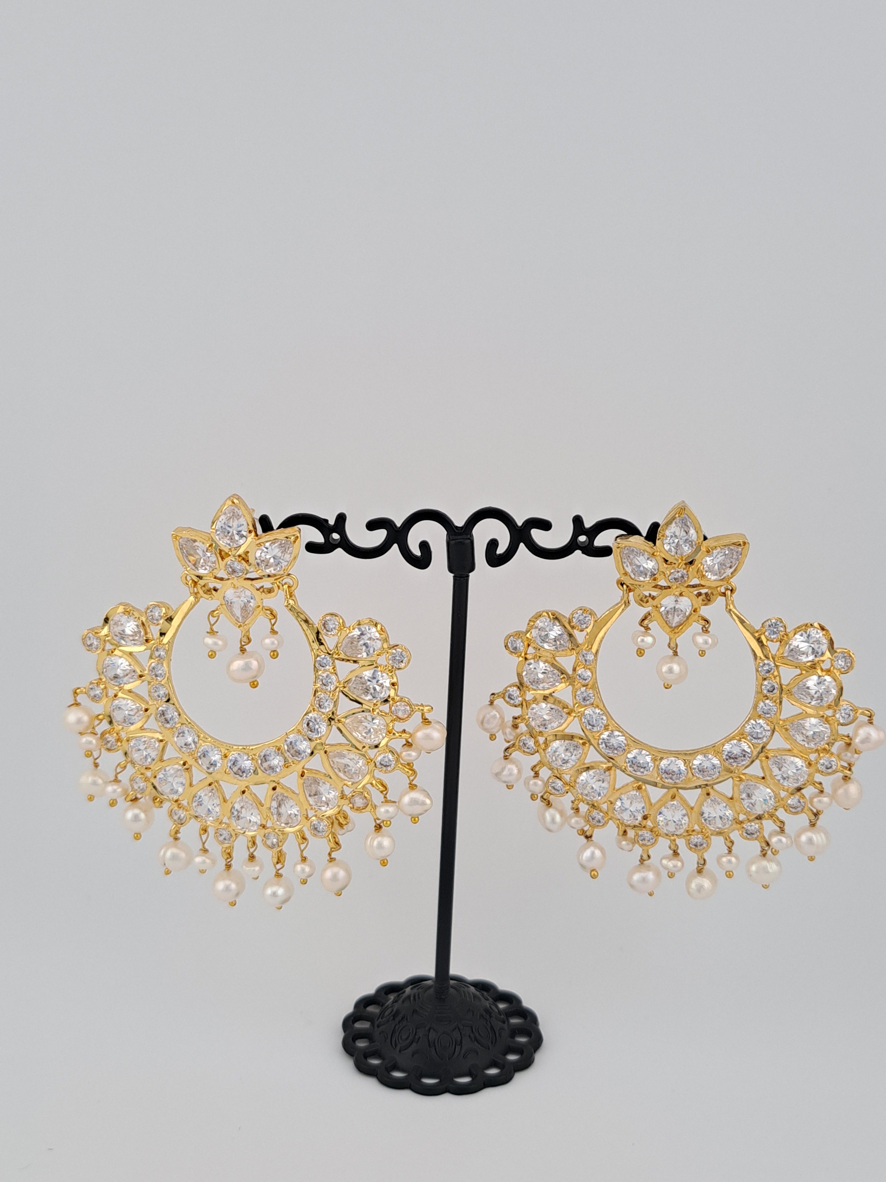 HYDERABADI JADAU UNCUT STONE GOLD CHANDBALIS WITH REAL PEARL PUROI DROPS