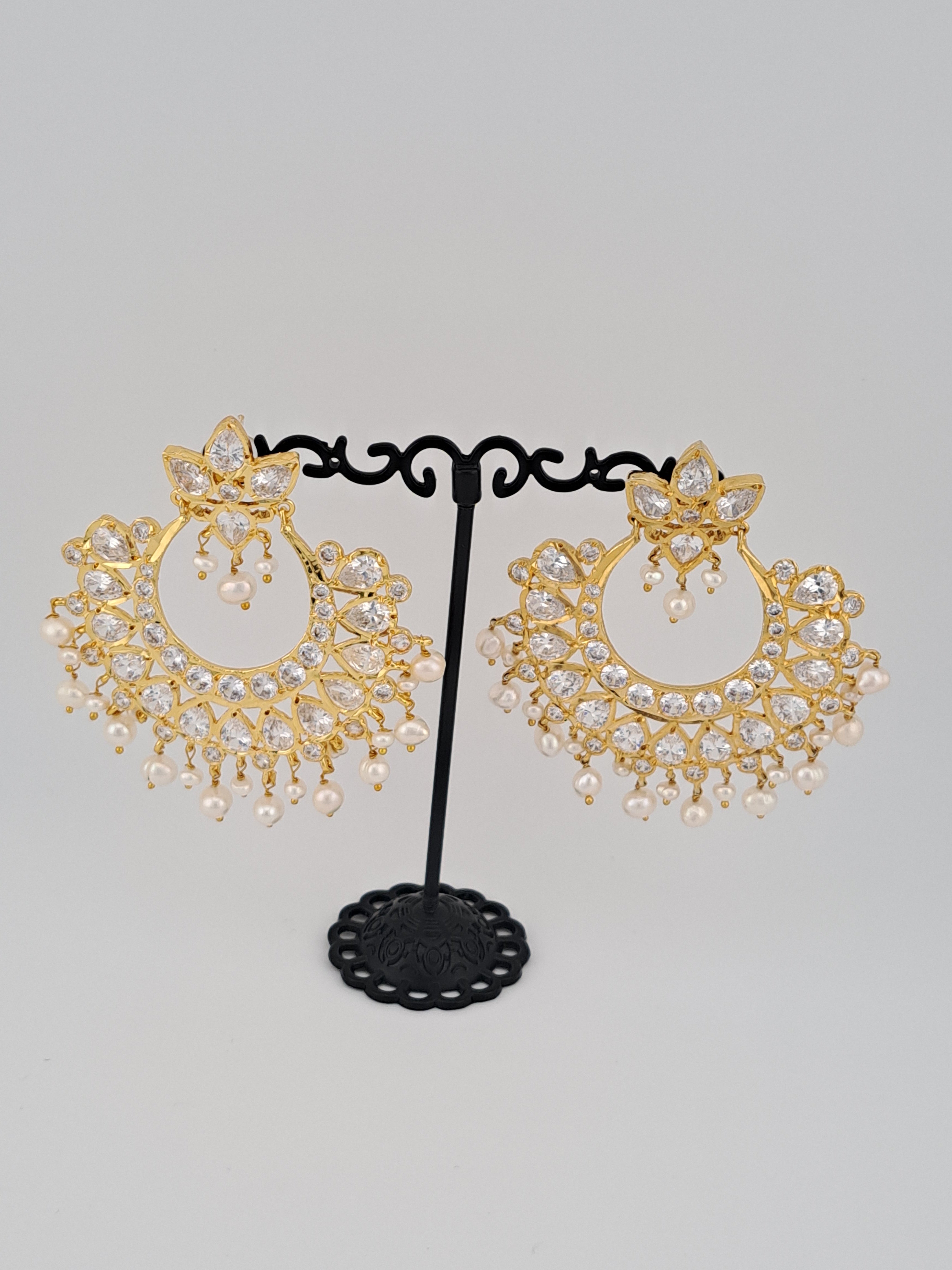 HYDERABADI JADAU UNCUT STONE GOLD CHANDBALIS WITH REAL PEARL PUROI DROPS