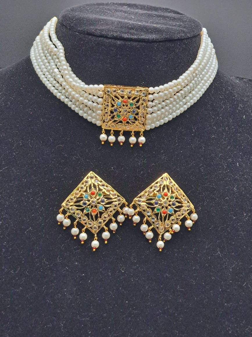 HYDERABADI NAVRATNA JADAU PEARL CHOKER NECKLACE SET WITH PUROI CLUSTER DROPS