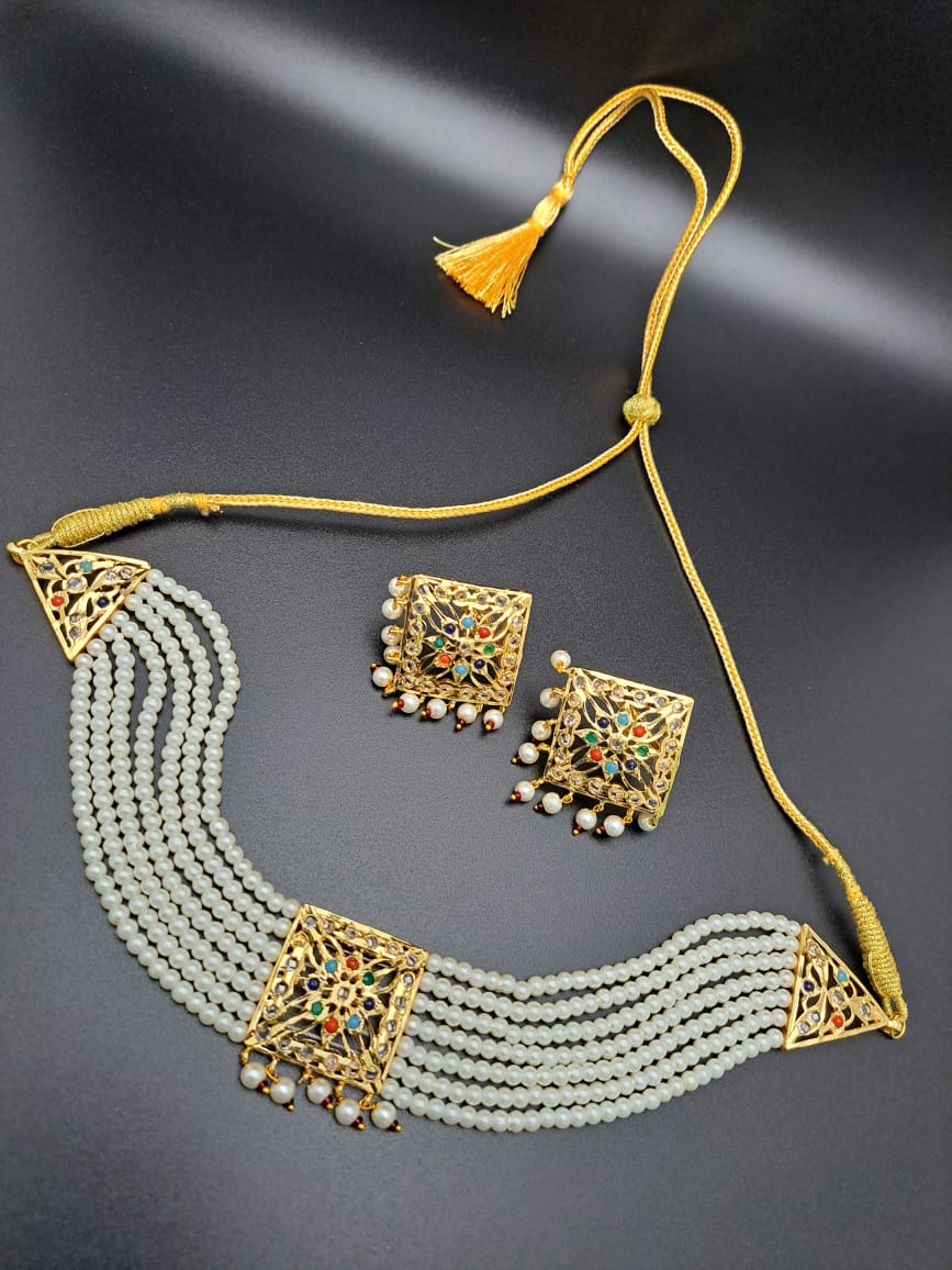 HYDERABADI NAVRATNA JADAU PEARL CHOKER NECKLACE SET WITH PUROI CLUSTER DROPS